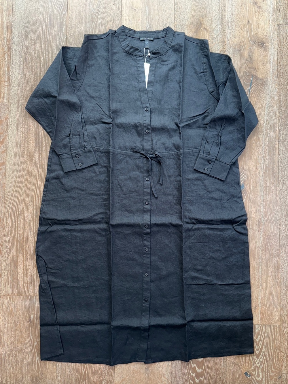 EILEEN FISHER 'Organic Linen Band Collar Shirtdress' in Black - Picture 8 of 10